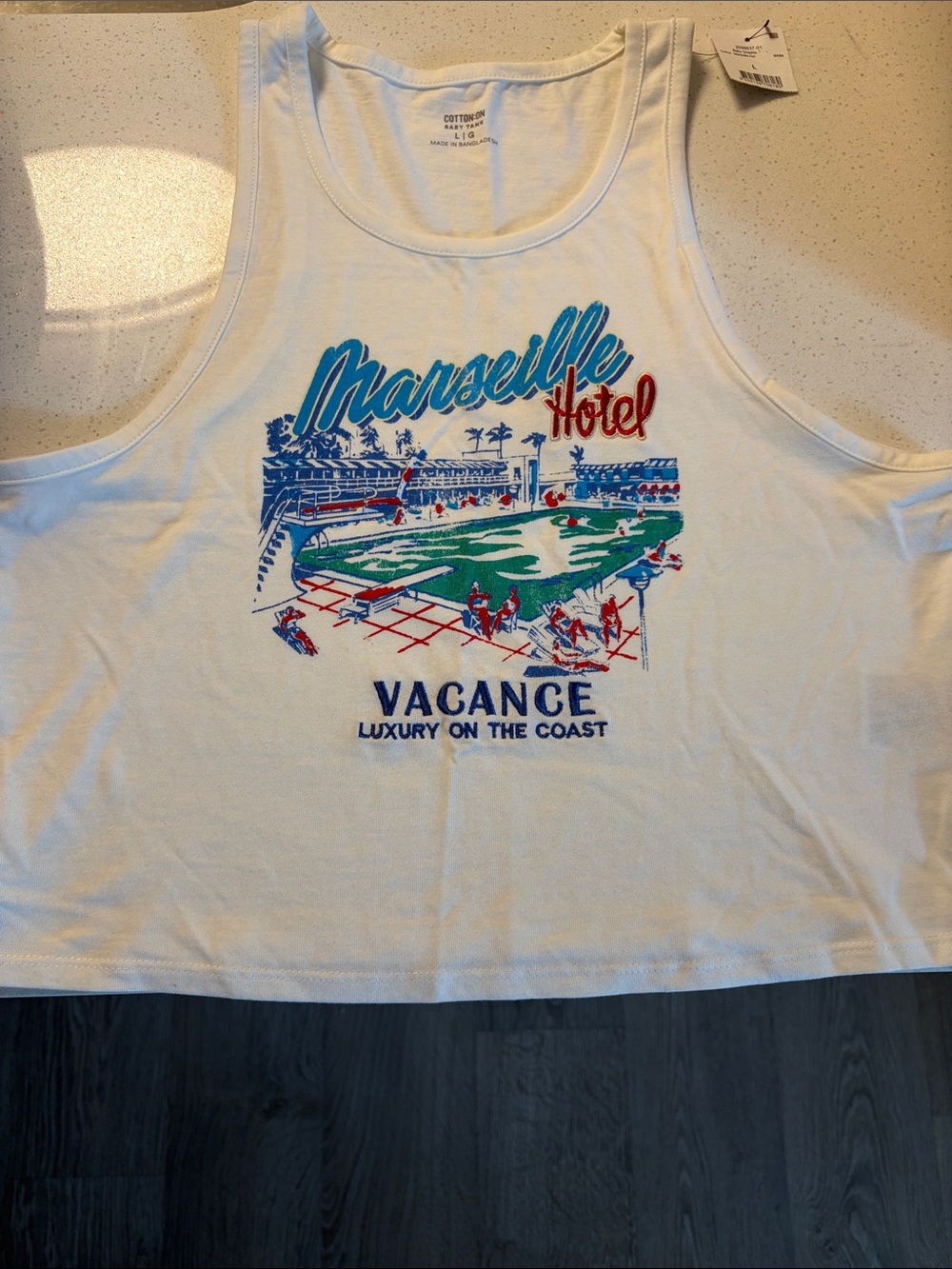 Women’s White Marseille Hotel Graphic Tank - Blue & Red Print